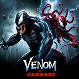 An intense movie poster showcasing the epic showdown between Venom, featuring striking white veins against his traditional black symbiote form, and Carnage, whose chaotic red and black design embodies madness