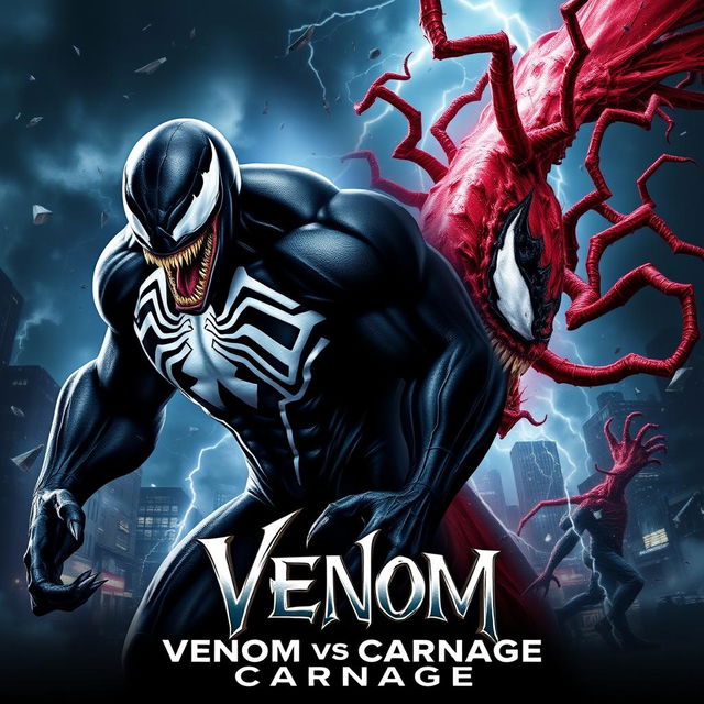 An intense movie poster showcasing the epic showdown between Venom, featuring striking white veins against his traditional black symbiote form, and Carnage, whose chaotic red and black design embodies madness