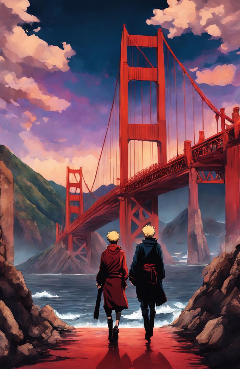 Golden Gate Bridge rendered in Jujutsu Kaisen style with vibrant colors, dramatic sky, and characters in foreground.