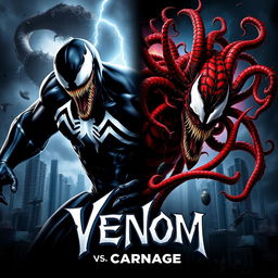 An intense movie poster showcasing the epic showdown between Venom, featuring striking white veins against his traditional black symbiote form, and Carnage, whose chaotic red and black design embodies madness