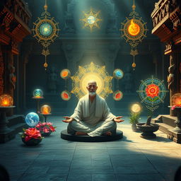 An intricate scene portraying the metaphysical beliefs of the Majapahit kingdom, showcasing a serene temple courtyard bathed in soft, ethereal light