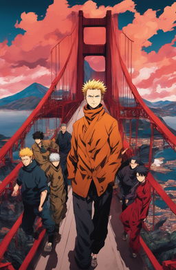 Golden Gate Bridge rendered in Jujutsu Kaisen style with vibrant colors, dramatic sky, and characters in foreground.