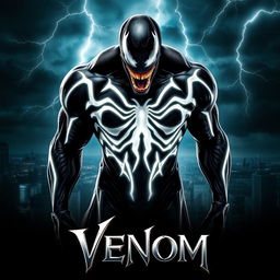 A captivating movie poster for 'VENOM,' showcasing the character Venom in an imposing stance, highlighting his unique feature of striking white veins intricately flowing across his black symbiote body