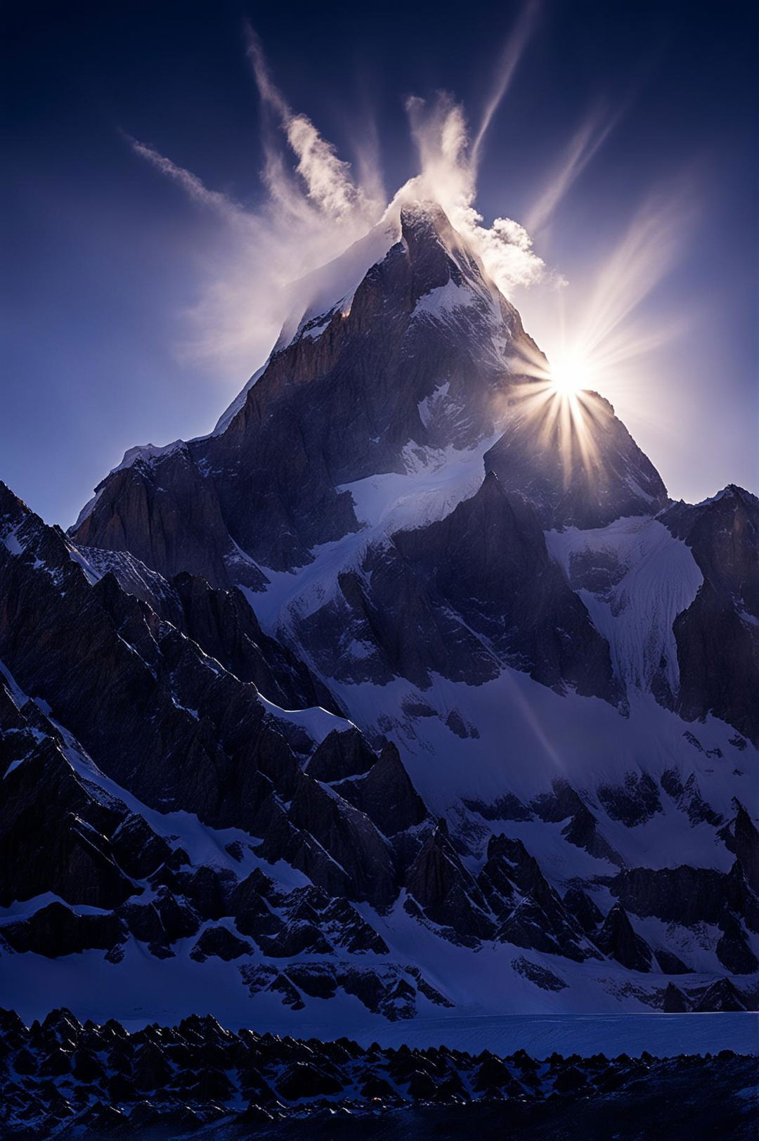 Raw 200mm photograph of Mount Everest's summit at sunrise with climbers visible.