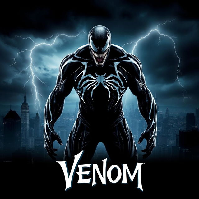 A captivating movie poster for 'VENOM,' showcasing the character Venom in an imposing stance, highlighting his unique feature of striking white veins intricately flowing across his black symbiote body