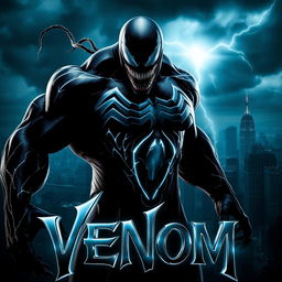 A captivating movie poster for 'VENOM,' showcasing the character Venom in an imposing stance, highlighting his unique feature of striking white veins intricately flowing across his black symbiote body