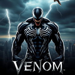 A captivating movie poster for 'VENOM,' showcasing the character Venom in an imposing stance, highlighting his unique feature of striking white veins intricately flowing across his black symbiote body