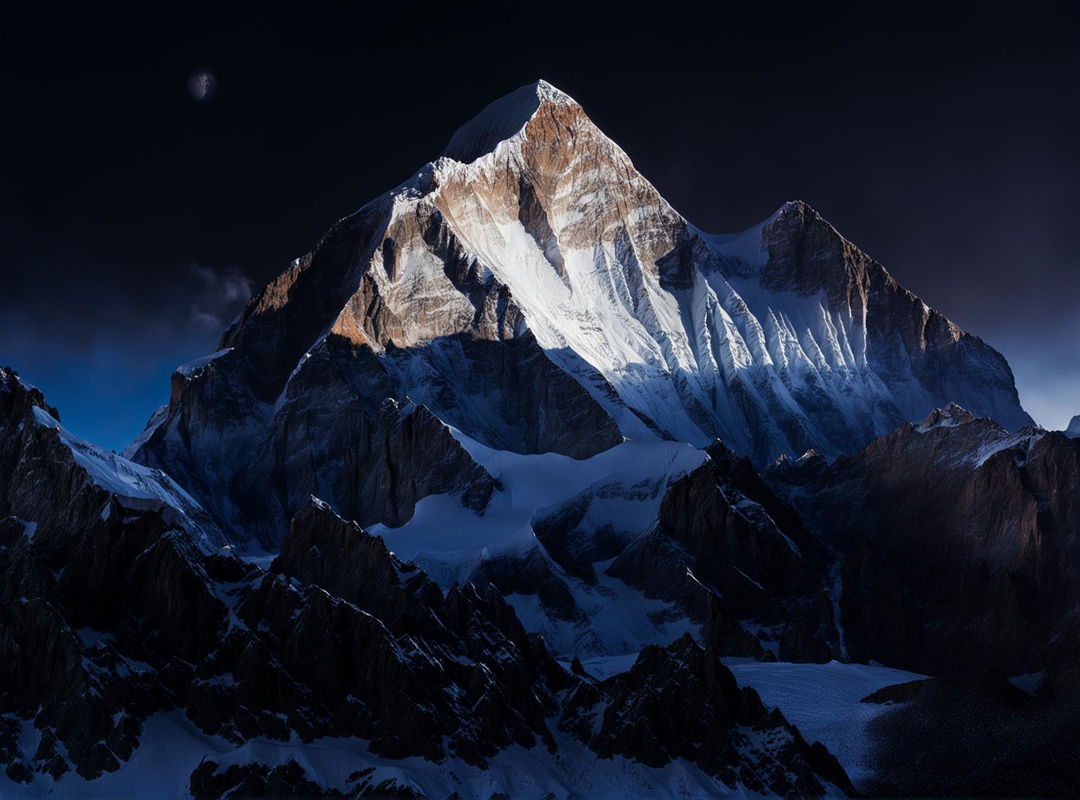 High-resolution raw 200mm photograph of Mount Everest's summit at sunrise with climbers visible.