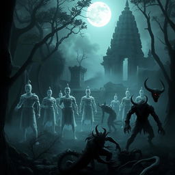 An eerie scene depicting the ghostly and demonic inhabitants of the Majapahit kingdom