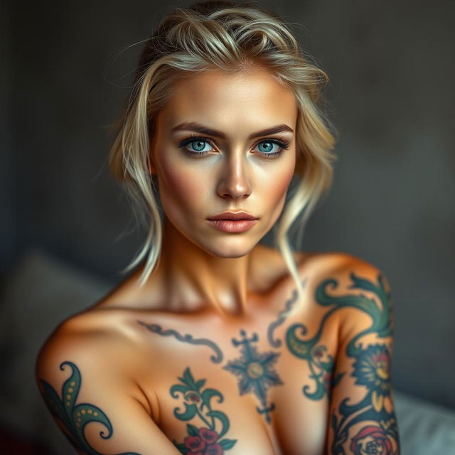 A captivating portrait of a 35-year-old woman with light blonde hair and striking blue eyes