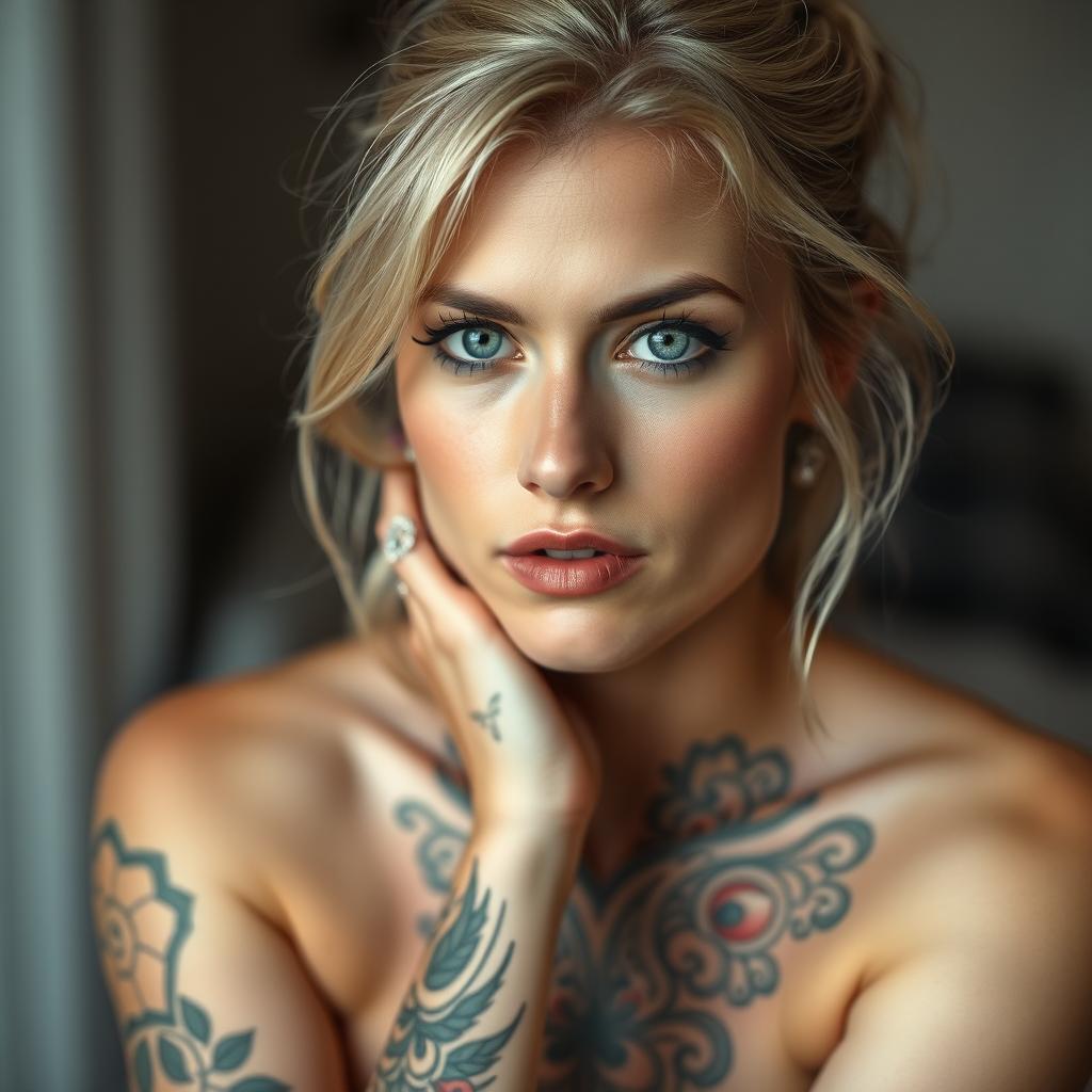 A captivating portrait of a 35-year-old woman with light blonde hair and striking blue eyes