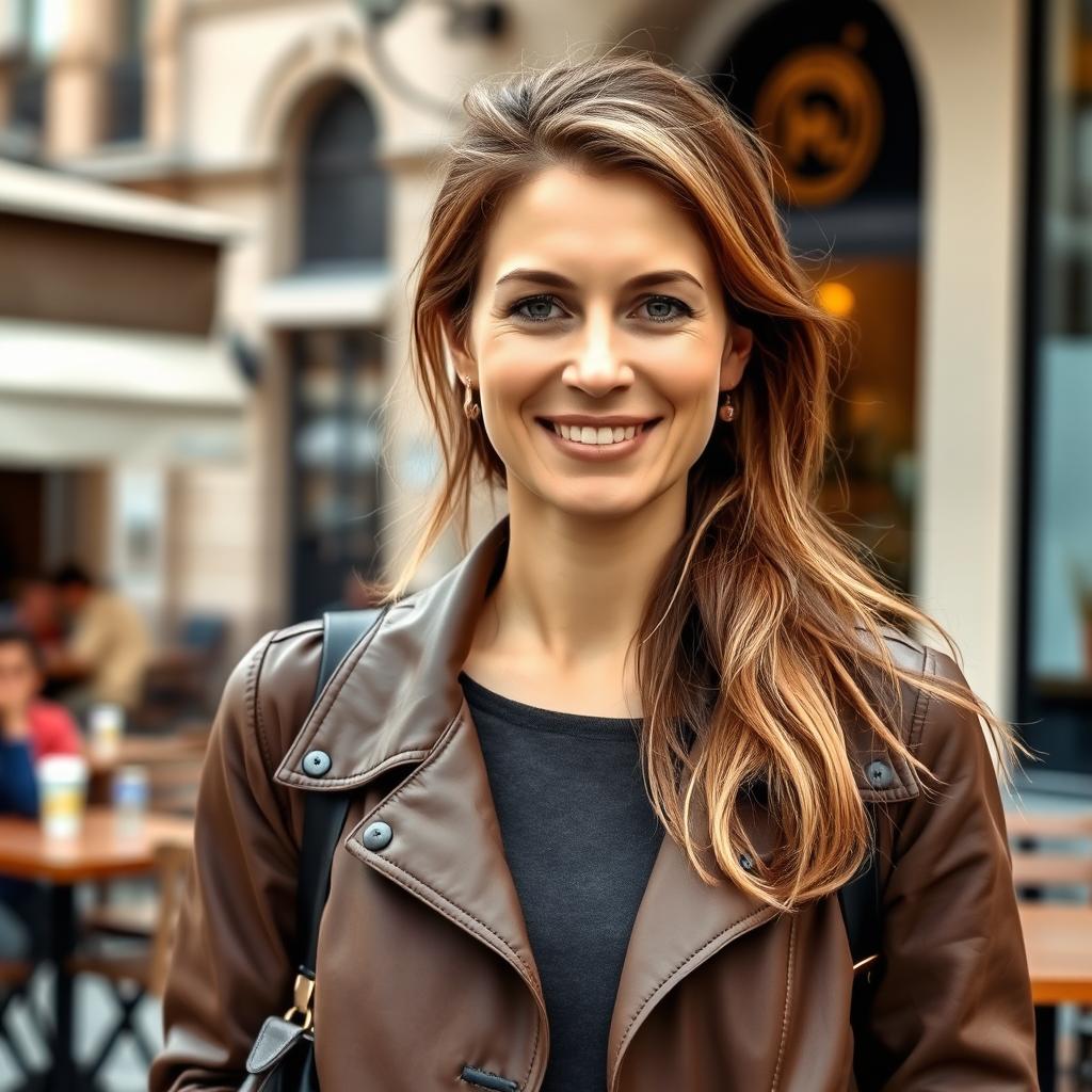 A full-length photograph of a woman aged between 30 to 45 with a natural appearance, minimal makeup, and well-groomed hair