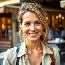 A full-length photograph of a woman aged between 30 to 45 with a natural appearance, minimal makeup, and well-groomed hair
