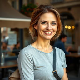 A full-length photograph of a woman aged between 30 to 45 with a natural appearance, minimal makeup, and well-groomed hair