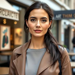 A 33-year-old woman with dark hair and European features, dressed in stylish clothing