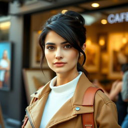 A 33-year-old woman with dark hair and European features, dressed in stylish clothing