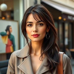 A 33-year-old woman with dark hair and European features, dressed in stylish clothing
