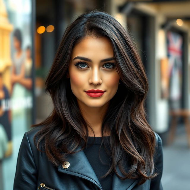 A 33-year-old woman with dark hair and European features, dressed in stylish clothing