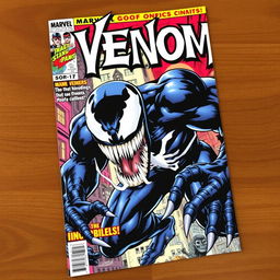 A vibrant and dynamic comic book cover featuring Venom, showcasing his iconic black symbiote form with striking white veins