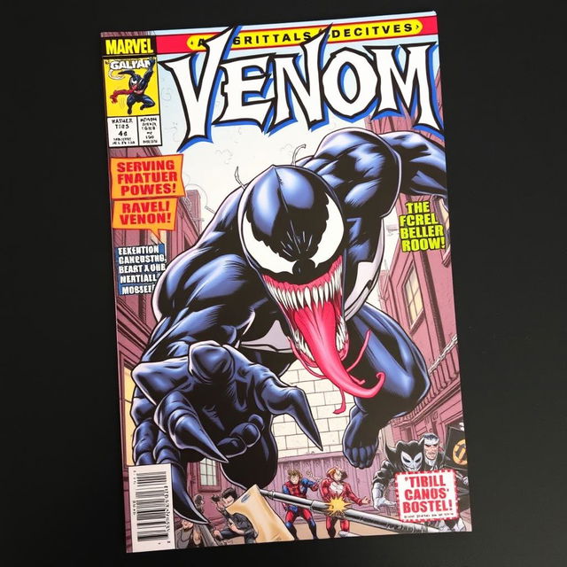 A vibrant and dynamic comic book cover featuring Venom, showcasing his iconic black symbiote form with striking white veins