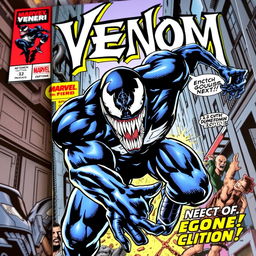 A vibrant and dynamic comic book cover featuring Venom, showcasing his iconic black symbiote form with striking white veins