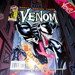 A vibrant and dynamic comic book cover featuring Venom, showcasing his iconic black symbiote form with striking white veins