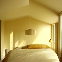 A cozy cream-coloured bedroom bathed in soft yellow light.