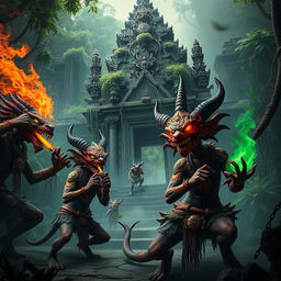 A captivating scene showcasing the demons of the Majapahit kingdom, set against the backdrop of a crumbling temple overgrown with lush jungle