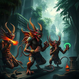 A captivating scene showcasing the demons of the Majapahit kingdom, set against the backdrop of a crumbling temple overgrown with lush jungle