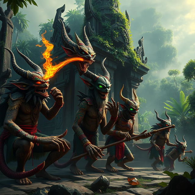 A captivating scene showcasing the demons of the Majapahit kingdom, set against the backdrop of a crumbling temple overgrown with lush jungle