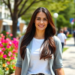 A 33-year-old woman of European appearance with long, dark hair, wearing stylish yet casual clothing