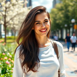 A 33-year-old woman of European appearance with long, dark hair, wearing stylish yet casual clothing