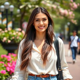 A 33-year-old woman of European appearance with long, dark hair, wearing stylish yet casual clothing