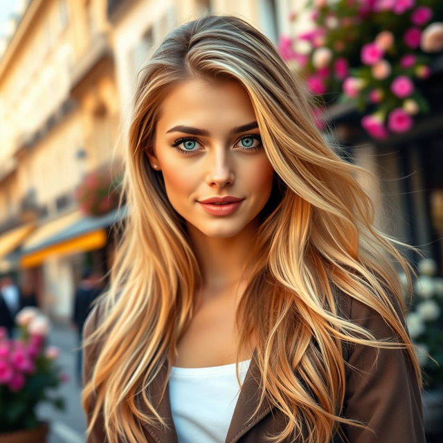 A beautiful French woman with long, flowing blonde hair and striking blue eyes