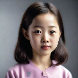 A hyper-realistic portrayal of a sweet, pretty, and adorable 11-year-old Korean girl.