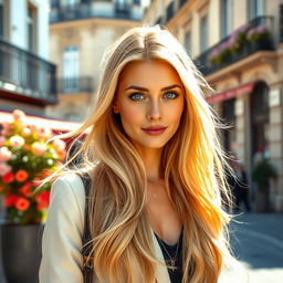 A beautiful French woman with long, flowing blonde hair and striking blue eyes