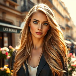 A beautiful French woman with long, flowing blonde hair and striking blue eyes