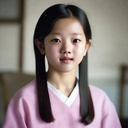 A hyper-realistic portrayal of a sweet, pretty, and adorable 11-year-old Korean girl.