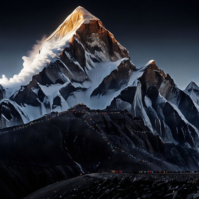 Ultra-high-resolution raw 200mm photograph of Mount Everest's summit at sunrise with climbers visible.