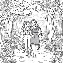 Princess Rapunzel and Princess Moana walking together in a beautiful forest, both smiling and enjoying each other's company
