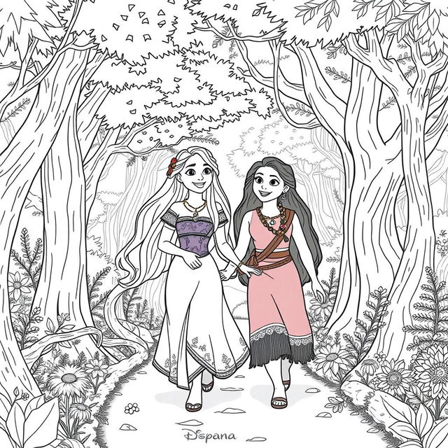 Princess Rapunzel and Princess Moana walking together in a beautiful forest, both smiling and enjoying each other's company