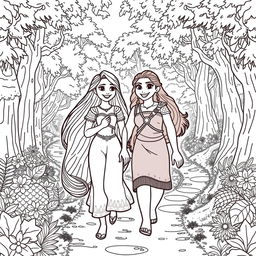 Princess Rapunzel and Princess Moana walking together in a beautiful forest, both smiling and enjoying each other's company