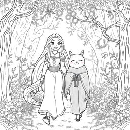 Princess Rapunzel walking alongside Nezuko Kamado in a beautiful forest, both characters smiling joyfully as they enjoy their time together