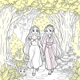 Princess Rapunzel walking alongside Nezuko Kamado in a beautiful forest, both characters smiling joyfully as they enjoy their time together