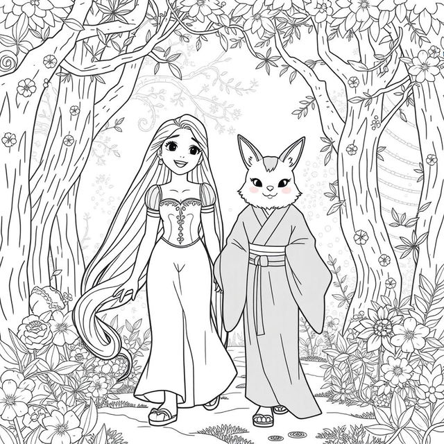 Princess Rapunzel walking alongside Nezuko Kamado in a beautiful forest, both characters smiling joyfully as they enjoy their time together