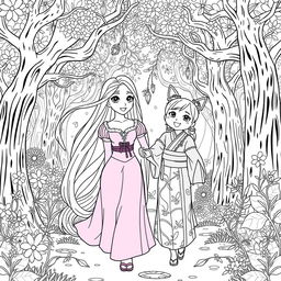 Princess Rapunzel walking alongside Nezuko Kamado in a beautiful forest, both characters smiling joyfully as they enjoy their time together