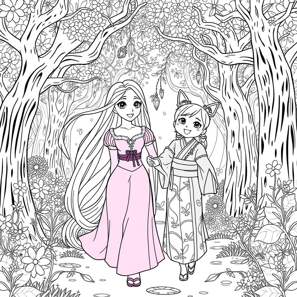 Princess Rapunzel walking alongside Nezuko Kamado in a beautiful forest, both characters smiling joyfully as they enjoy their time together