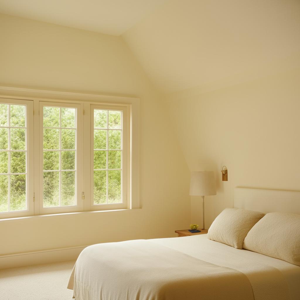 A cozy cream-coloured bedroom bathed in soft yellow light.