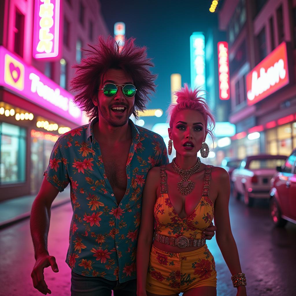 A vibrant, cyberpunk-inspired scene reminiscent of the movie 'Fear and Loathing in Las Vegas', featuring a chaotic mix of neon lights, surreal landscapes, and exaggerated urban features