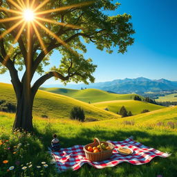 A scenic depiction of a lush green landscape with rolling hills, vibrant wildflowers, and a clear blue sky